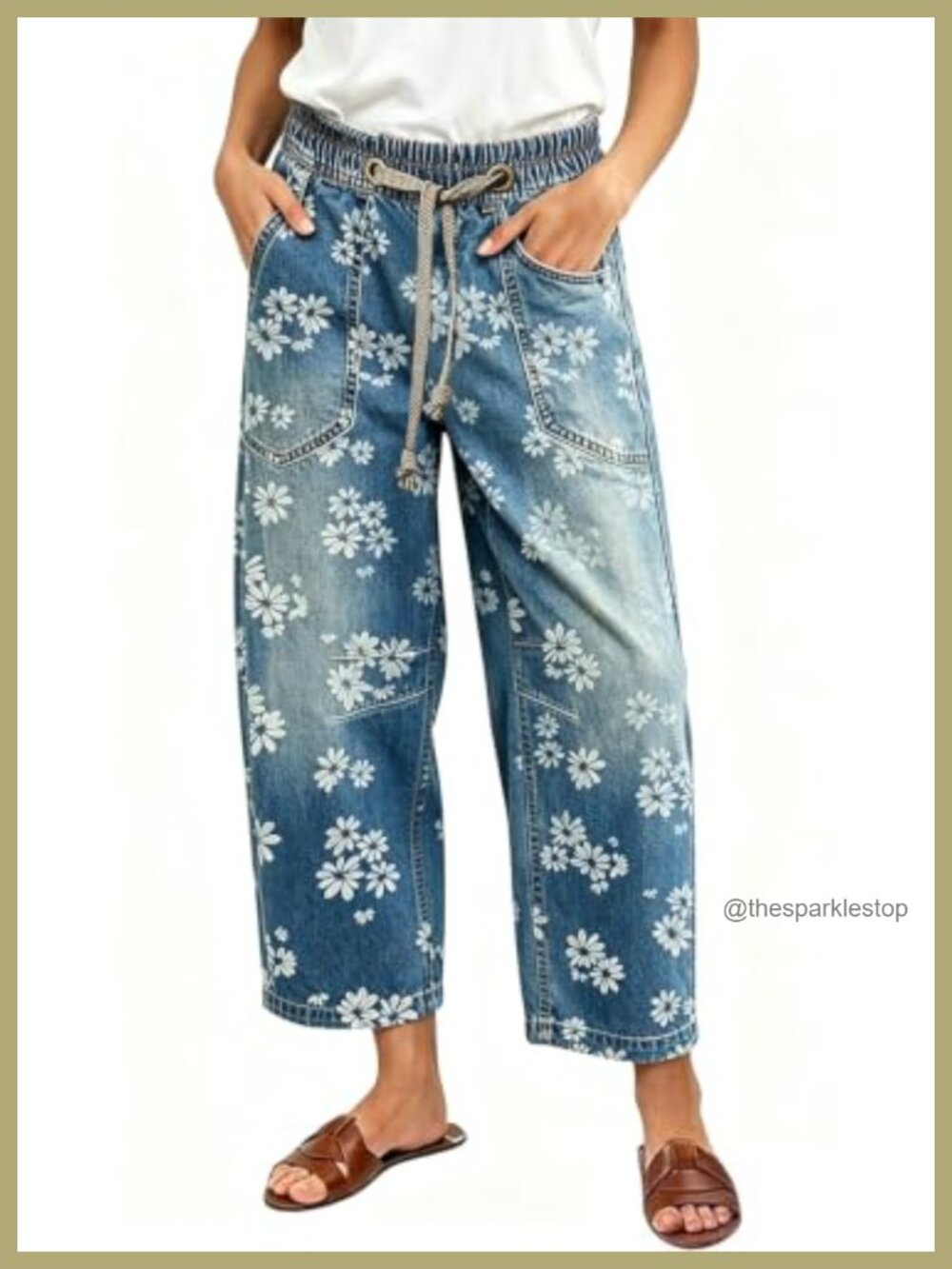 Women Baggy Floral Wide Leg Cropped Jeans Elastic Waist Patchwork